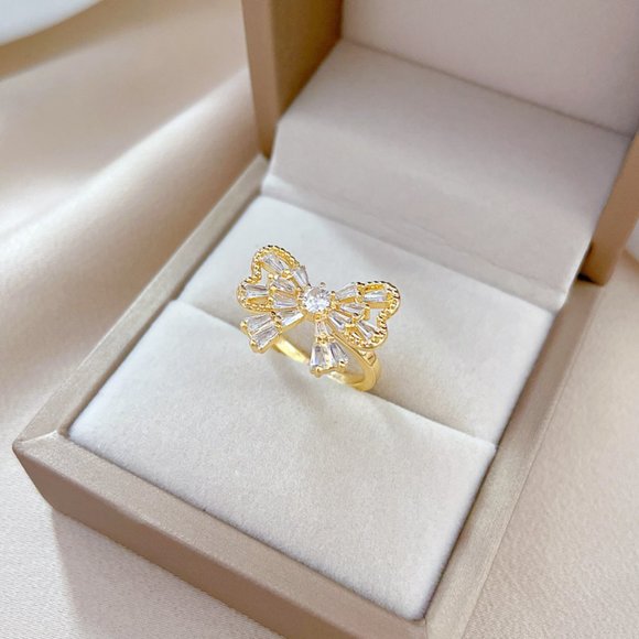3/$35 Gold Plated Bow Knot Ring with Cubic Zirconia Crystal Adjustable Dainty - Picture 5 of 7